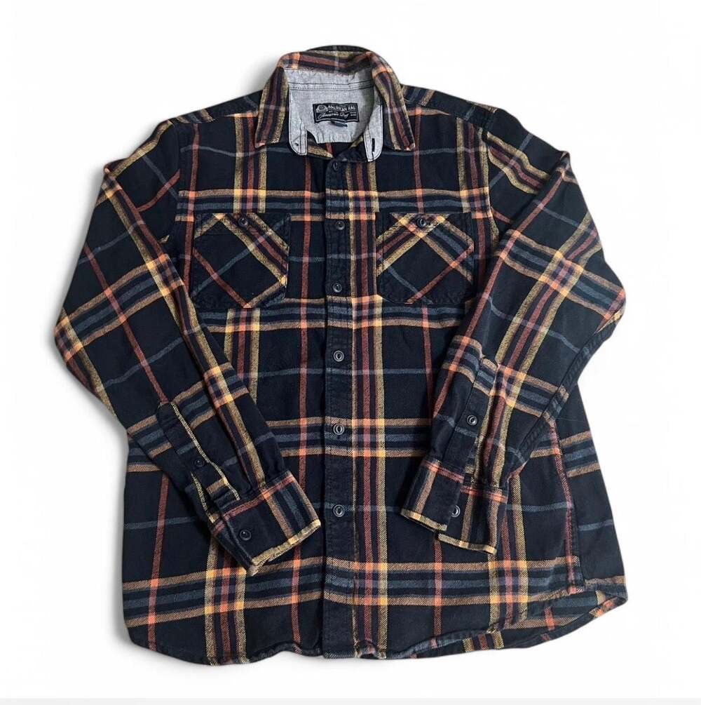 American Rag Men's Navy and Orange Plaid Long Sleeve Flannel Shirt Size Medium